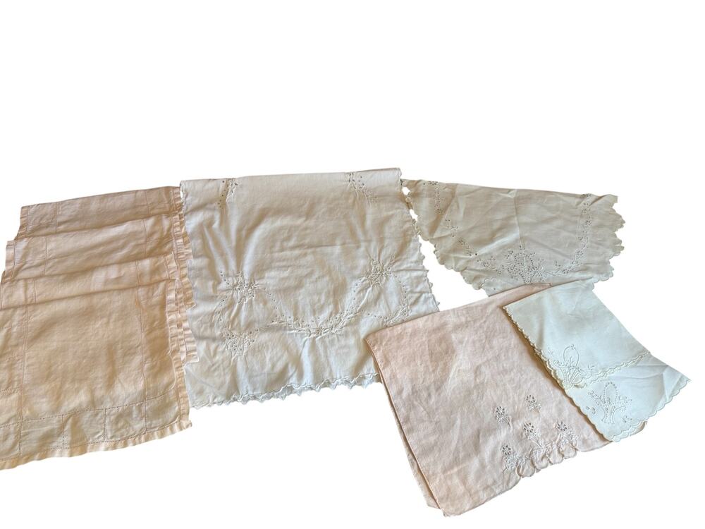 Lot of Vintage Cutwork Table Linens Table Runners Napkins White Pink